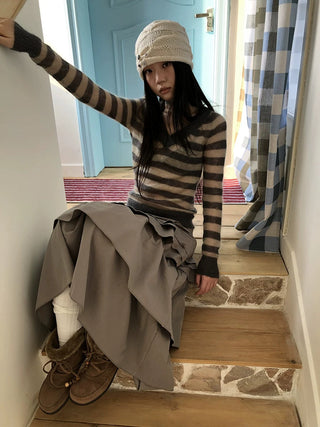 Slim V Neck Contrast Striped Commuter Women Knit Long Sleeve T-Shirt