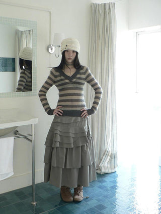 Slim V Neck Contrast Striped Commuter Women Knit Long Sleeve T-Shirt