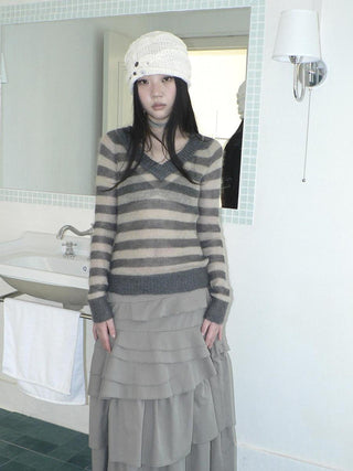 Slim V Neck Contrast Striped Commuter Women Knit Long Sleeve T-Shirt