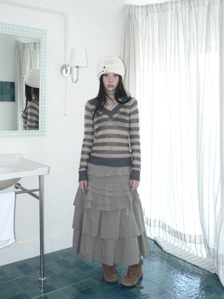Slim V Neck Contrast Striped Commuter Women Knit Long Sleeve T-Shirt