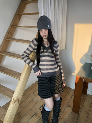 Slim V Neck Contrast Striped Commuter Women Knit Long Sleeve T-Shirt