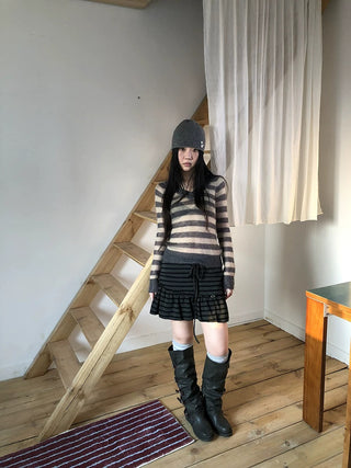 Slim V Neck Contrast Striped Commuter Women Knit Long Sleeve T-Shirt