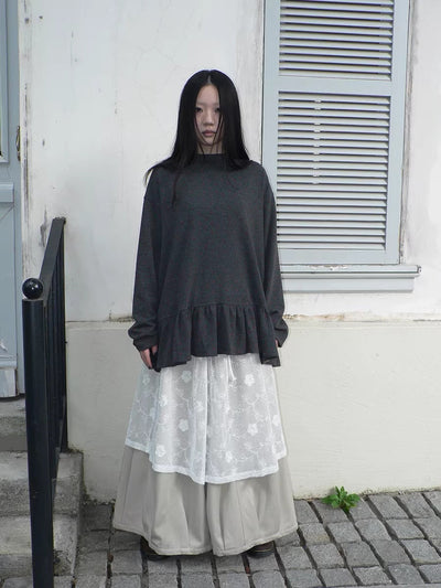 Soft Brushed Vintage Polka Dot Patchwork Loose Fit Women Gray Brown Midi Skirt