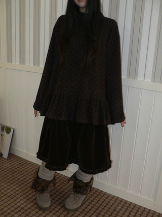 Soft Brushed Vintage Polka Dot Patchwork Loose Fit Women Gray Brown Midi Skirt