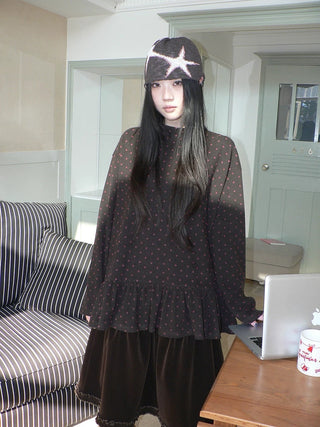 Soft Brushed Vintage Polka Dot Patchwork Loose Fit Women Gray Brown Midi Skirt
