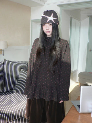 Soft Brushed Vintage Polka Dot Patchwork Loose Fit Women Gray Brown Midi Skirt