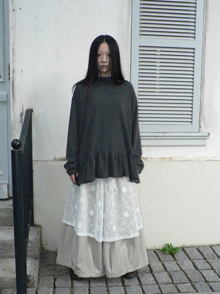 Soft Brushed Vintage Polka Dot Patchwork Loose Fit Women Gray Brown Midi Skirt