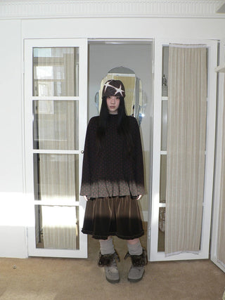 Soft Brushed Vintage Polka Dot Patchwork Loose Fit Women Gray Brown Midi Skirt