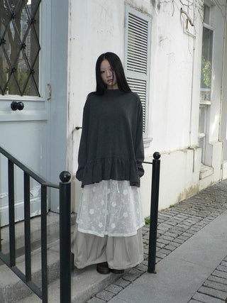 Soft Brushed Vintage Polka Dot Patchwork Loose Fit Women Gray Brown Midi Skirt