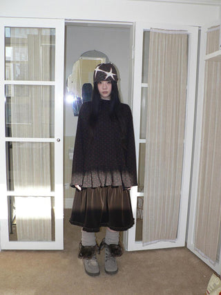 Soft Brushed Vintage Polka Dot Patchwork Loose Fit Women Gray Brown Midi Skirt