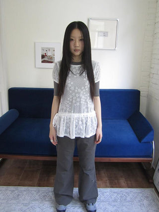 Star Print Lace Top With Drawstring Waist