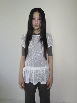 Star Print Lace Top With Drawstring Waist