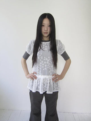 Star Print Lace Top With Drawstring Waist