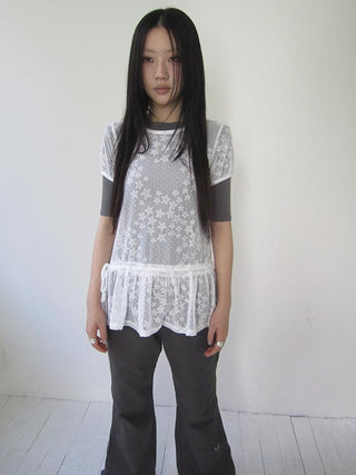 Star Print Lace Top With Drawstring Waist