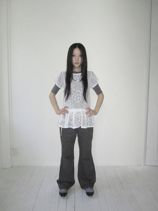 Star Print Lace Top With Drawstring Waist