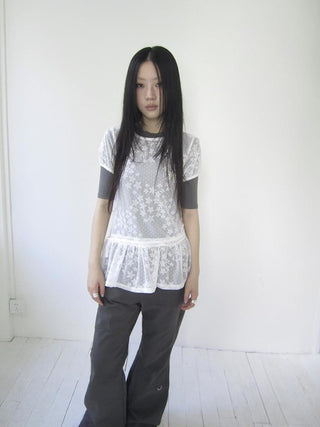 Star Print Lace Top With Drawstring Waist
