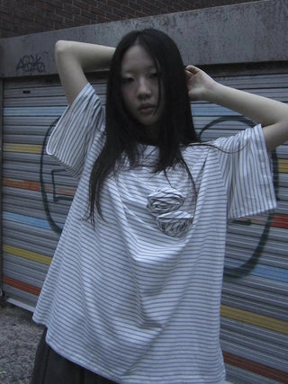 Striped Color-Block Floral Print Short Sleeve Tee