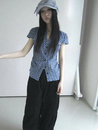 Summer Checkered Polo Waist Fit Short Sleeve Shirt