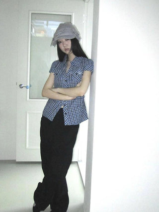 Summer Checkered Polo Waist Fit Short Sleeve Shirt