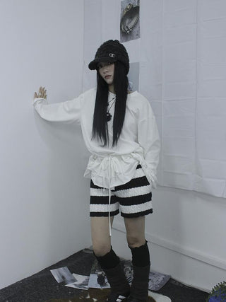 Textured Stripe Knit Shorts Women Stretch Slim Fit Color Block