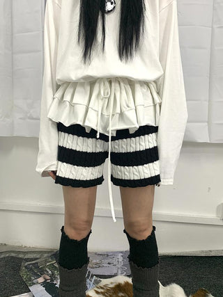 Textured Stripe Knit Shorts Women Stretch Slim Fit Color Block