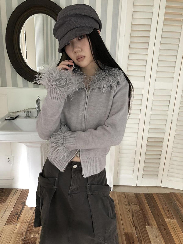 Thermal Knit Zip Hooded Straight Fit Commuter Short Solid Color Cardigans