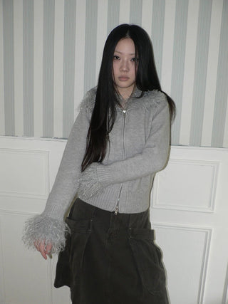 Thermal Knit Zip Hooded Straight Fit Commuter Short Solid Color Cardigans