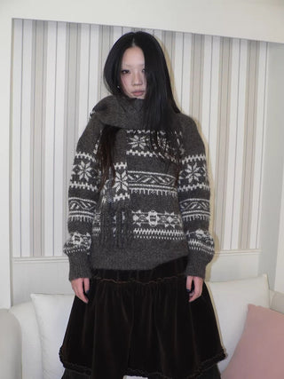 Thermal Vintage Loose Printed Knit Women Crew Neck Coffee Brown Sweater
