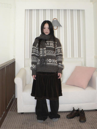 Thermal Vintage Loose Printed Knit Women Crew Neck Coffee Brown Sweater