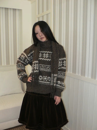 Thermal Vintage Loose Printed Knit Women Crew Neck Coffee Brown Sweater