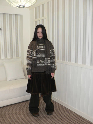 Thermal Vintage Loose Printed Knit Women Crew Neck Coffee Brown Sweater