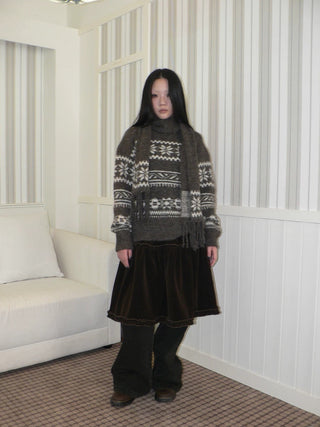 Thermal Vintage Loose Printed Knit Women Crew Neck Coffee Brown Sweater