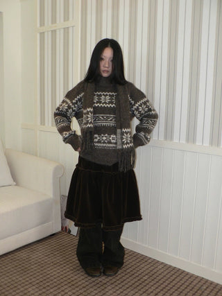 Thermal Vintage Loose Printed Knit Women Crew Neck Coffee Brown Sweater