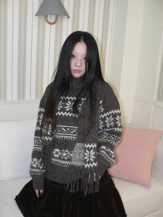 Thermal Vintage Loose Printed Knit Women Crew Neck Coffee Brown Sweater