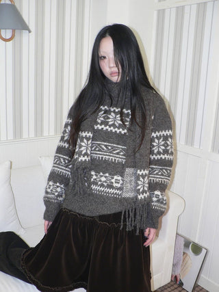 Thermal Vintage Loose Printed Knit Women Crew Neck Coffee Brown Sweater