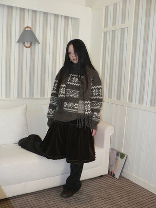 Thermal Vintage Loose Printed Knit Women Crew Neck Coffee Brown Sweater