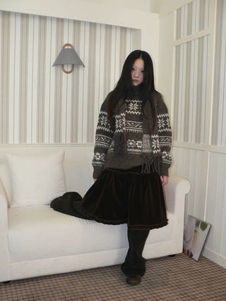 Thermal Vintage Loose Printed Knit Women Crew Neck Coffee Brown Sweater