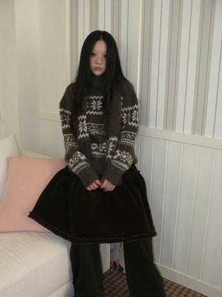 Thermal Vintage Loose Printed Knit Women Crew Neck Coffee Brown Sweater