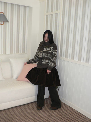 Thermal Vintage Loose Printed Knit Women Crew Neck Coffee Brown Sweater