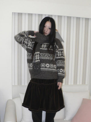 Thermal Vintage Loose Printed Knit Women Crew Neck Coffee Brown Sweater