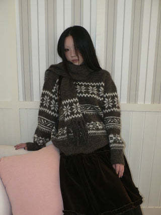 Thermal Vintage Loose Printed Knit Women Crew Neck Coffee Brown Sweater