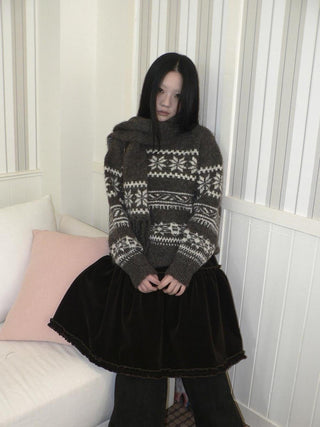 Thermal Vintage Loose Printed Knit Women Crew Neck Coffee Brown Sweater