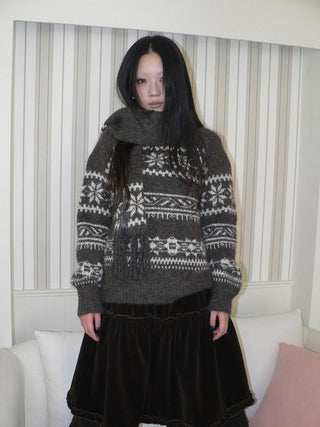 Thermal Vintage Loose Printed Knit Women Crew Neck Coffee Brown Sweater