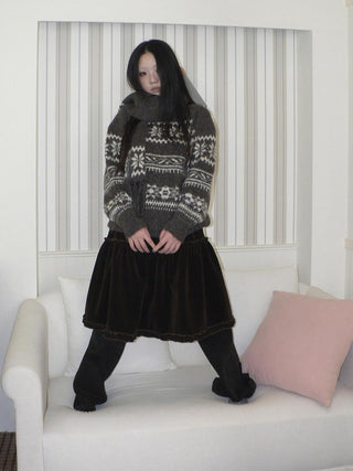Thermal Vintage Loose Printed Knit Women Crew Neck Coffee Brown Sweater