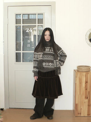 Thermal Vintage Loose Printed Knit Women Crew Neck Coffee Brown Sweater
