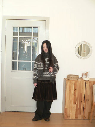 Thermal Vintage Loose Printed Knit Women Crew Neck Coffee Brown Sweater