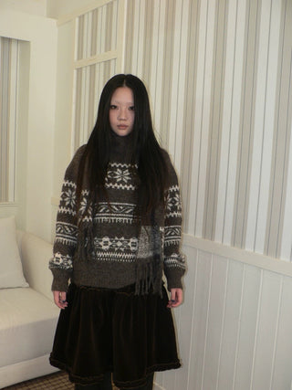 Thermal Vintage Loose Printed Knit Women Crew Neck Coffee Brown Sweater
