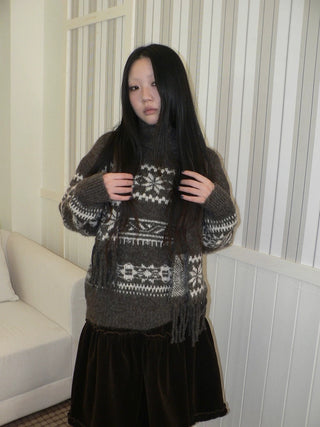 Thermal Vintage Loose Printed Knit Women Crew Neck Coffee Brown Sweater