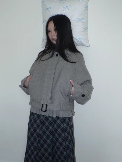 Thick Vintage Oversized Lapel Button Short Long Sleeve Open Women Grey Jacket