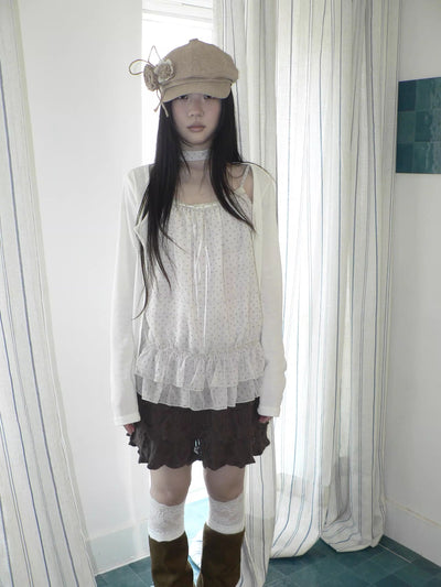 Two Piece Polka Dot Korean Long Sleeve Pullover Women Apricot Mint T-Shirt